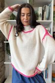 Big Softie Whipstitch Knit Jumper Ecru and Hot Pink